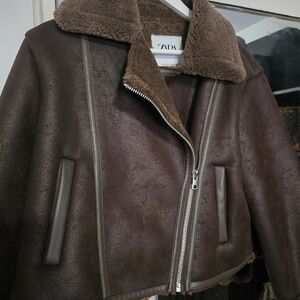 Zara Dark Brown Shearling Bomber Jacket